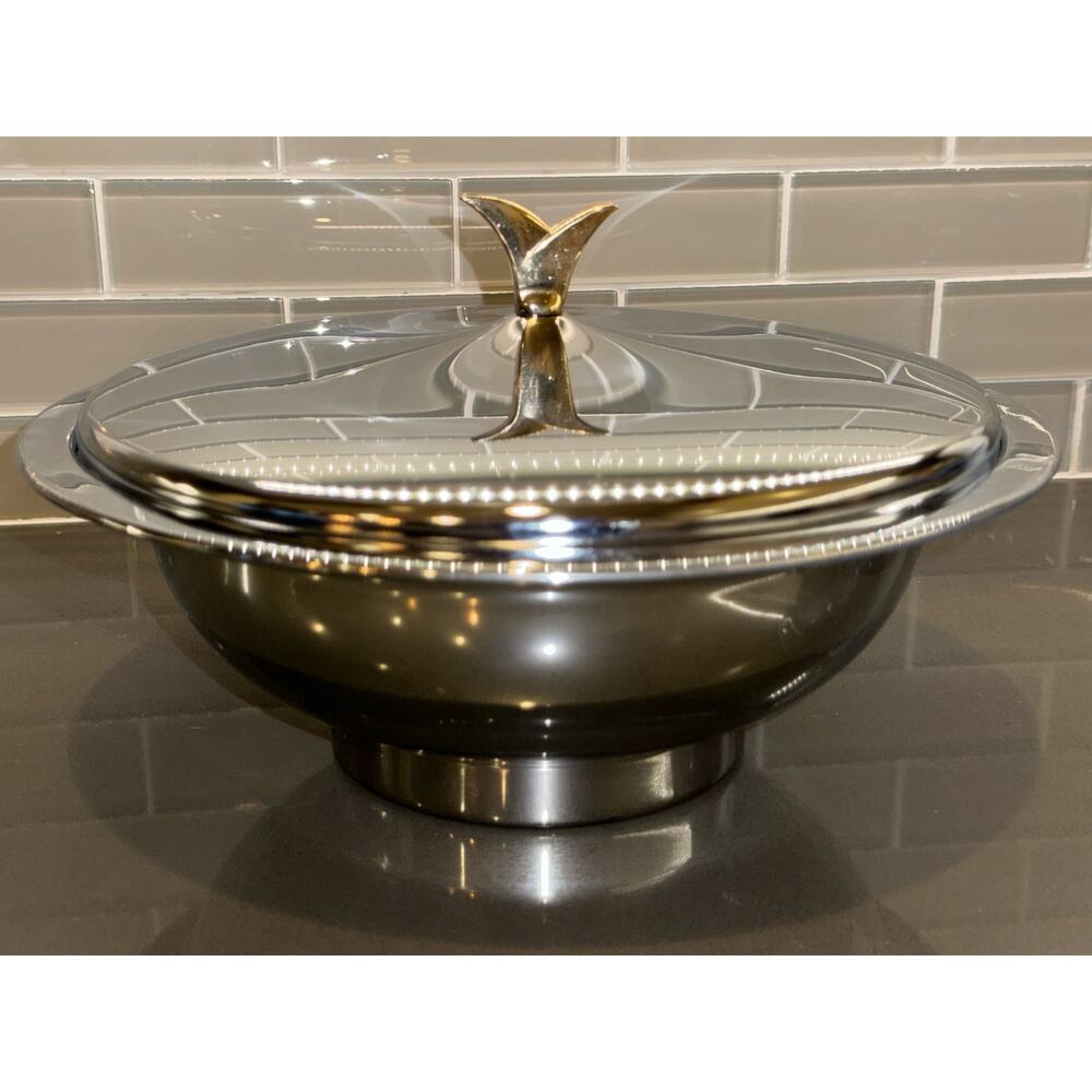 Vintage Kromex Chrome/Silver 12” Round Serving Dish W/ Brass Knobbed Lid